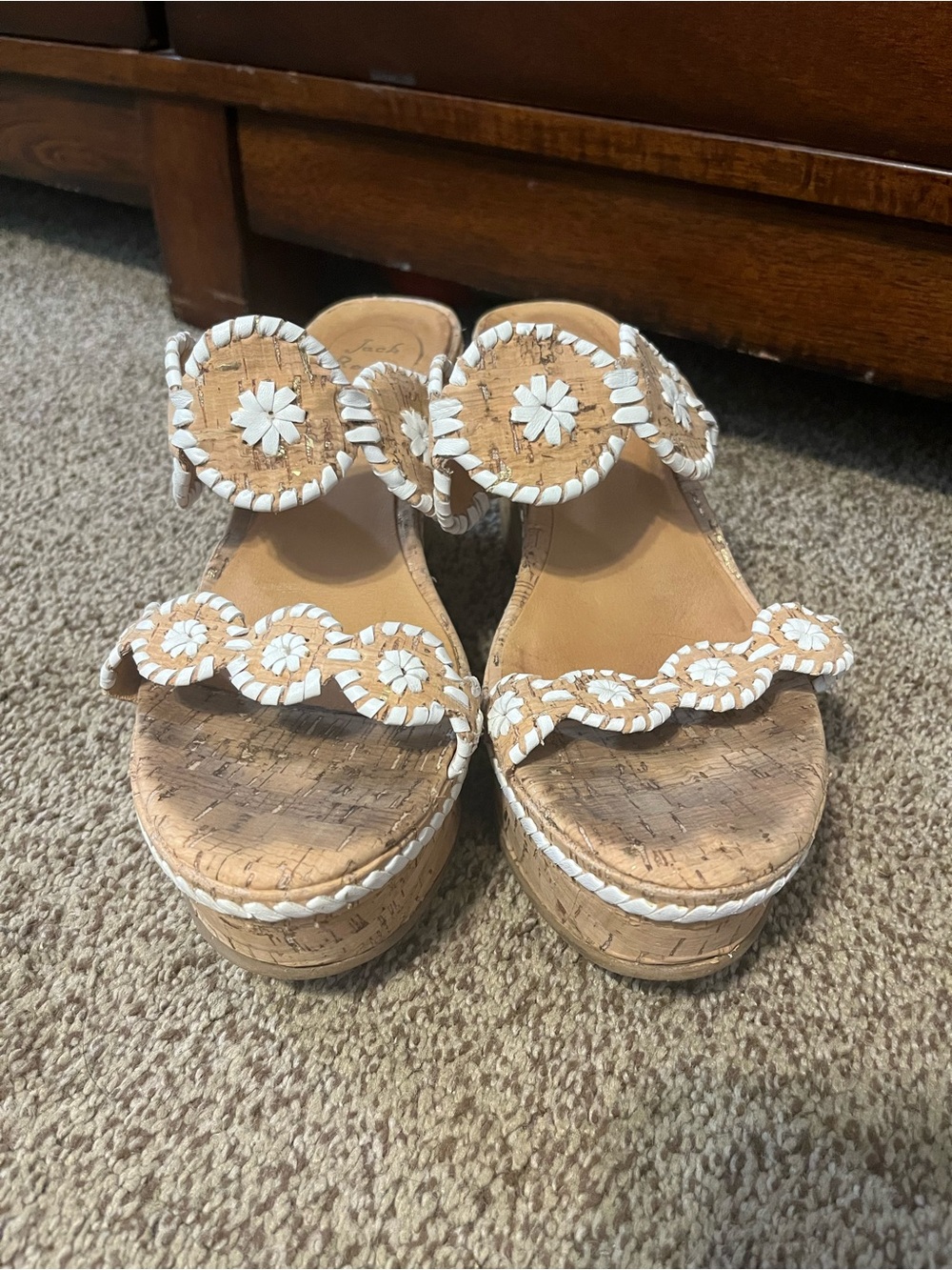 Jack Rogers Cork Wedge Sandals with White Floral Trim
